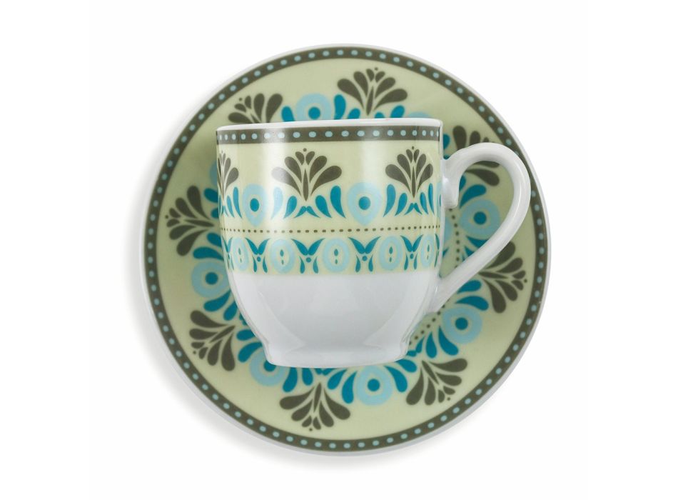 Juego de tazas y platillo de café de porcelana de colores decorados 12 piezas - Persia viadurini