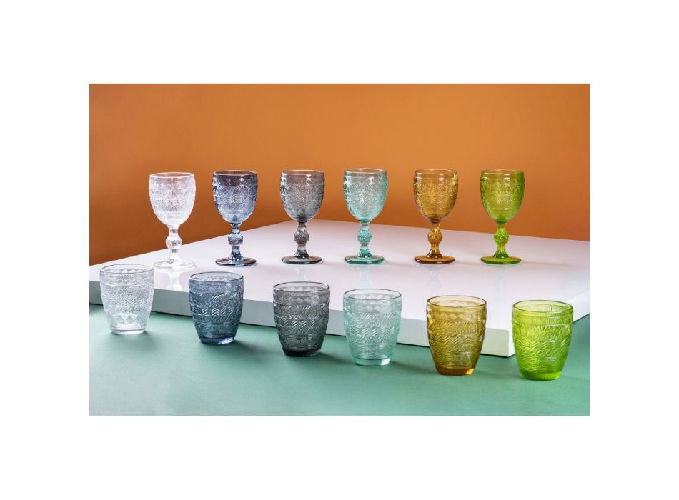 Juego de 12 vasos de agua de 300 ml en vidrio coloreado y relieve - Sirena viadurini