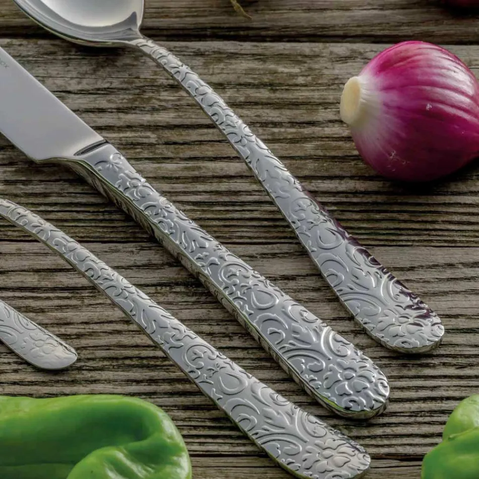 Juego de 24 cubiertos en acero pulido con grabado Made in Italy - Nara viadurini