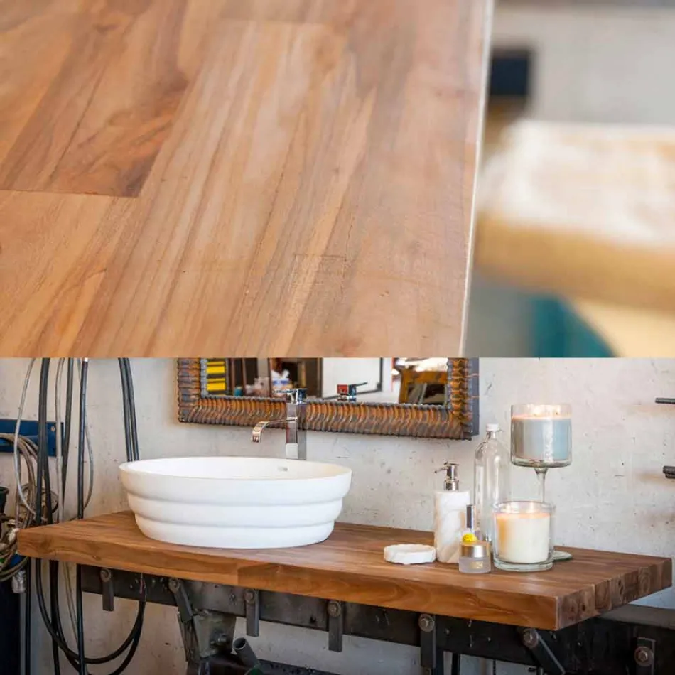 Conjunto de muebles de diseño suspendidos para baño en blockboard de teca Poggio. viadurini