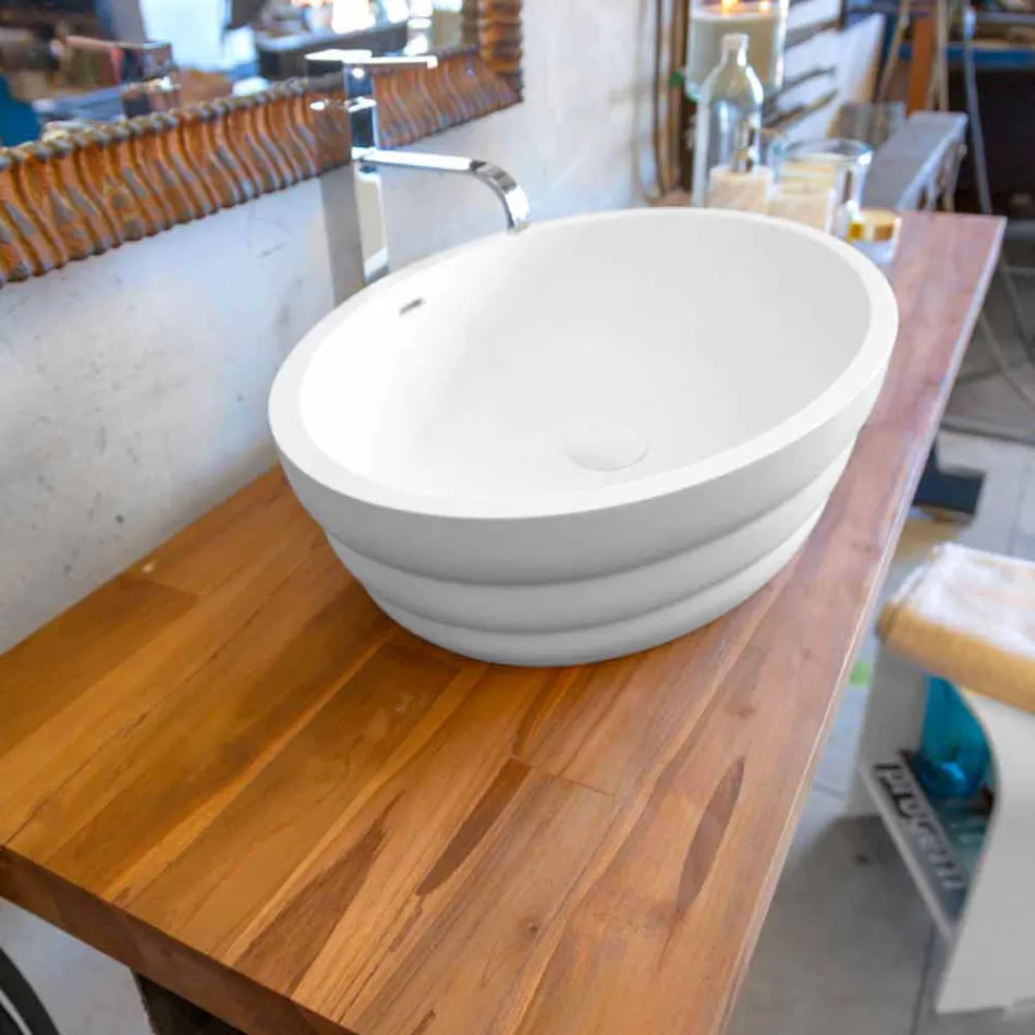 Conjunto de muebles de diseño suspendidos para baño en blockboard de teca Poggio. viadurini