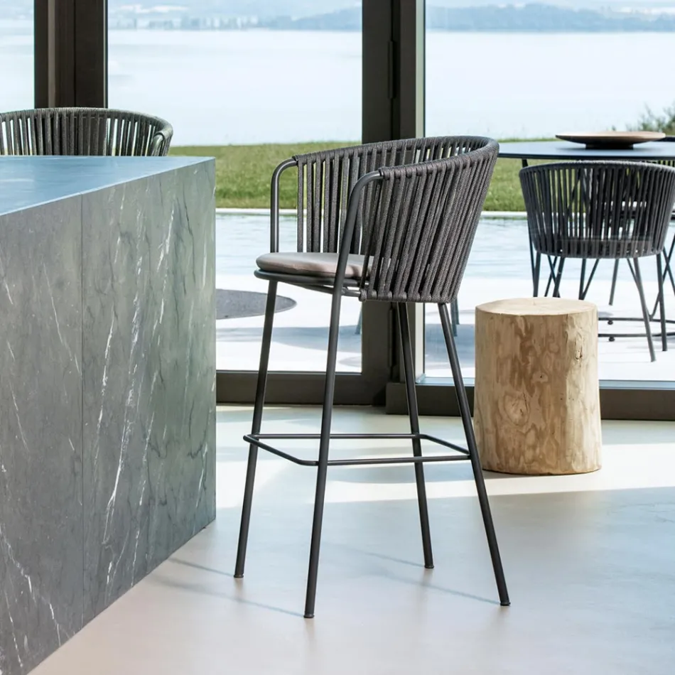 Taburete de jardín de acero inoxidable y respaldo de cuerda - Luxura viadurini