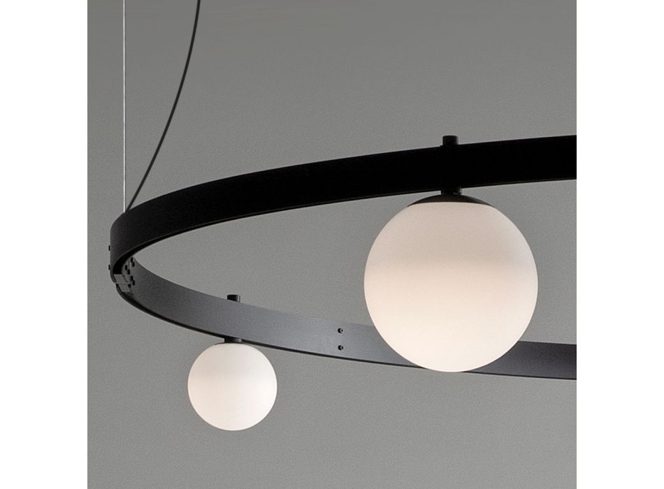 Suspensión de diseño redondo en aluminio negro con esferas y focos - Exodus viadurini