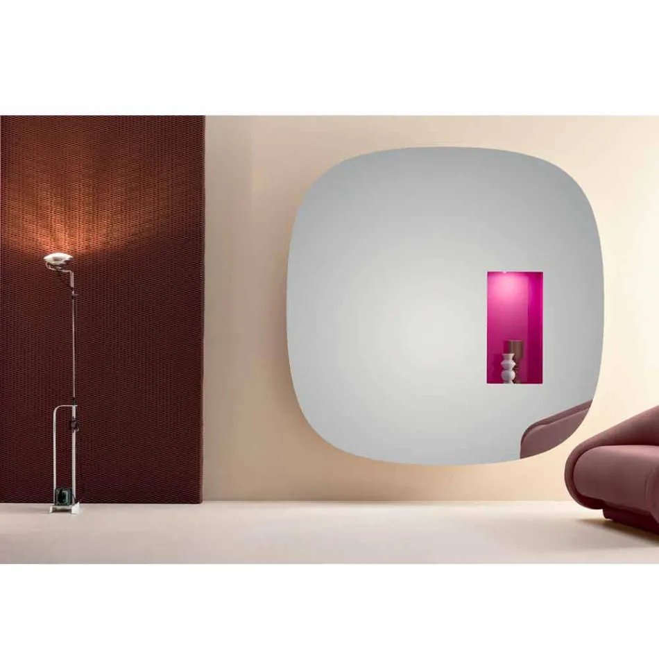 Espejo de pared con luz led y compartimento rosa para sala de estar de diseño minimalista - Matrix viadurini