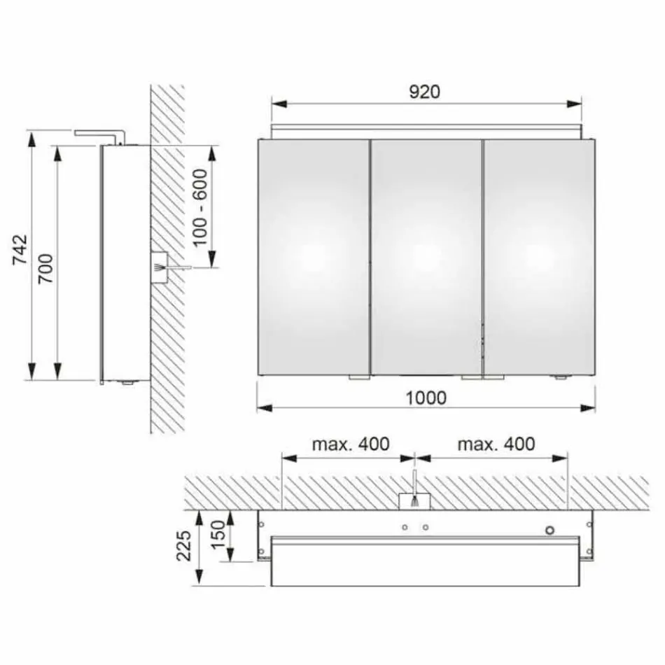 Espejo moderno para gabinete de pared de 3 puertas con estantes internos - Bramo viadurini