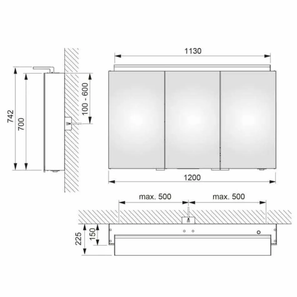 Espejo moderno para gabinete de pared de 3 puertas con estantes internos - Bramo viadurini