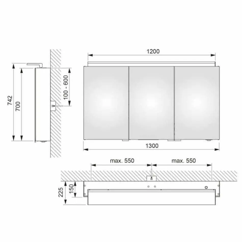 Espejo moderno para gabinete de pared de 3 puertas con estantes internos - Bramo viadurini
