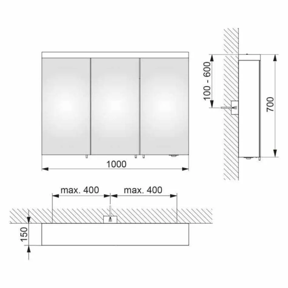 Espejo con almacenamiento de pared con 3 puertas en aluminio pintado plateado - Alfio viadurini