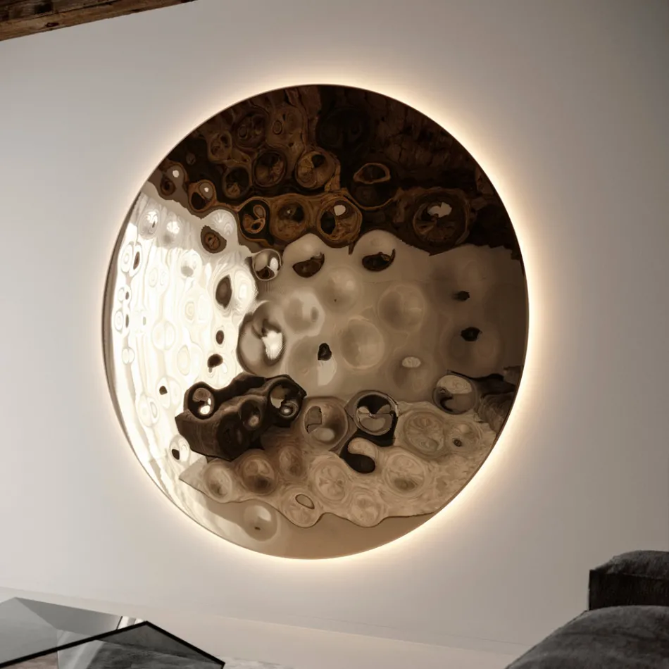Espejo de pared redondo Clea de cristal martillado, fabricado en Italia. viadurini