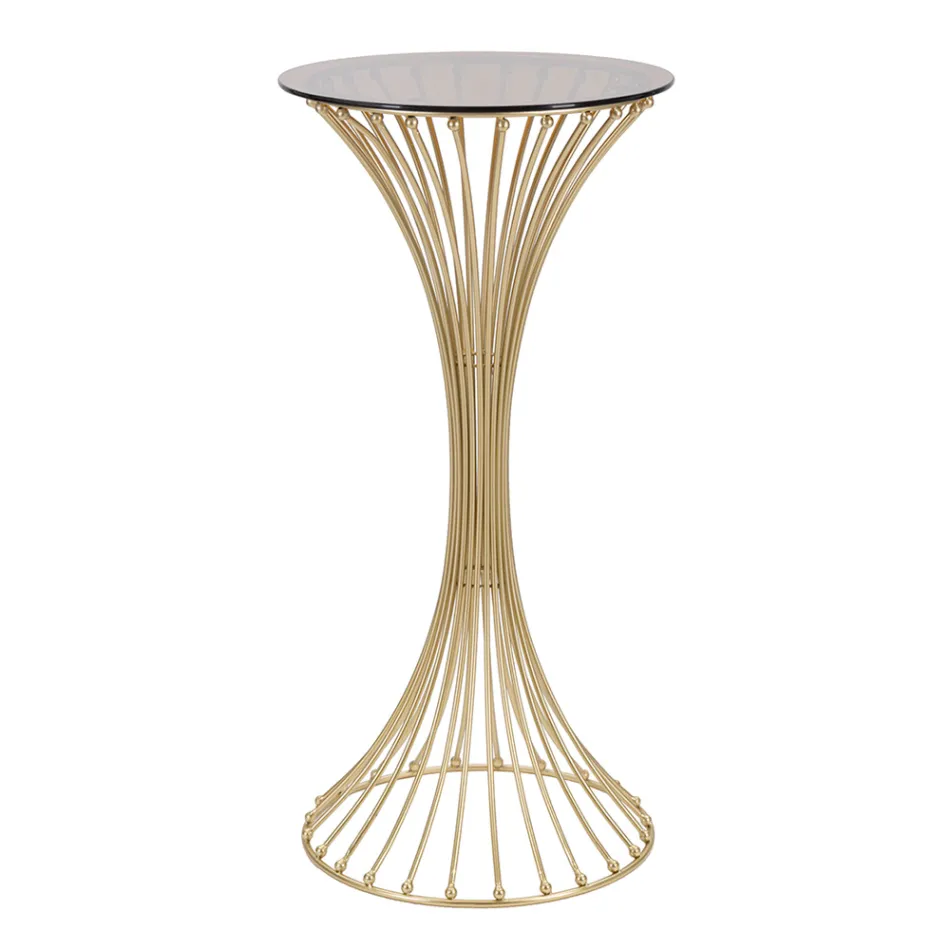 Mesa de centro alta redonda de hierro dorado con esferas y tapa de cristal ahumado - Dexter viadurini