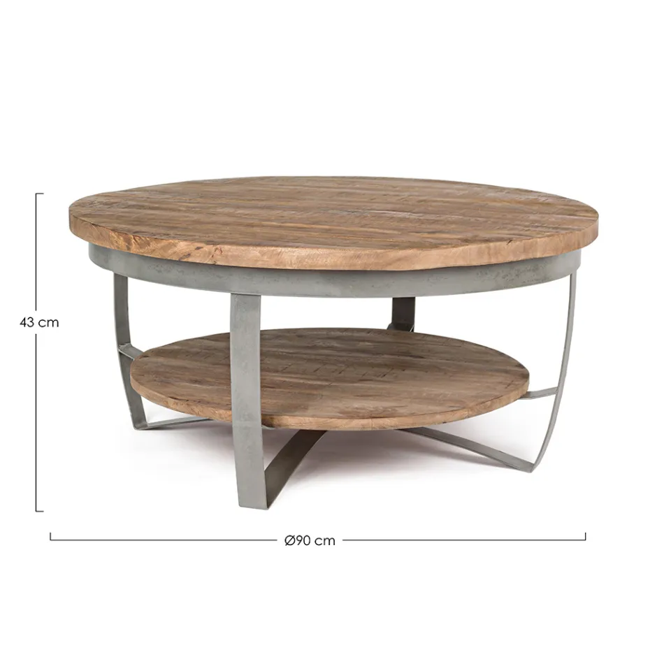 Mesa de centro baja redonda para salón en madera de mango y acero - Moncheri viadurini