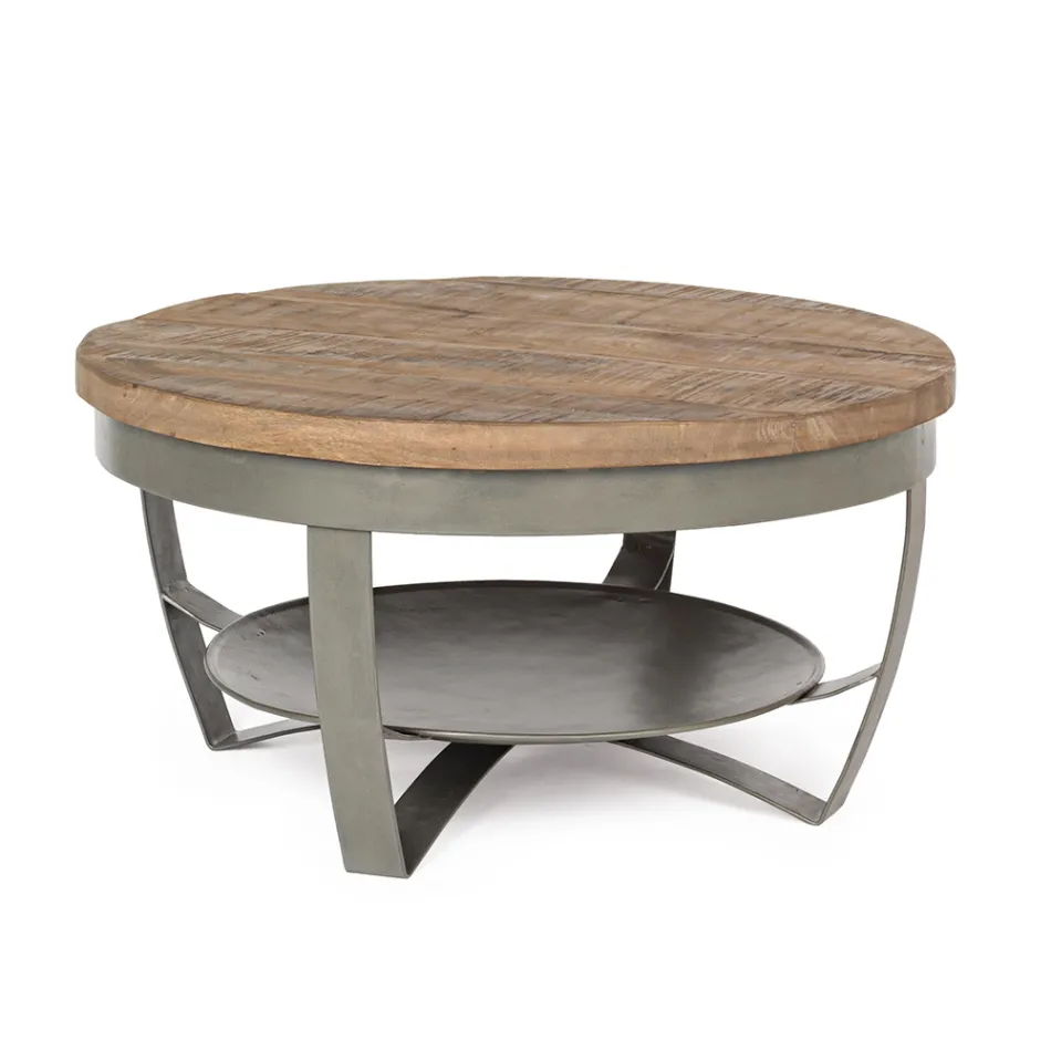 Mesa de centro baja redonda para salón en madera de mango y acero - Moncheri viadurini