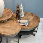 Mesa de centro baja redonda para salón en madera de mango y acero - Moncheri viadurini