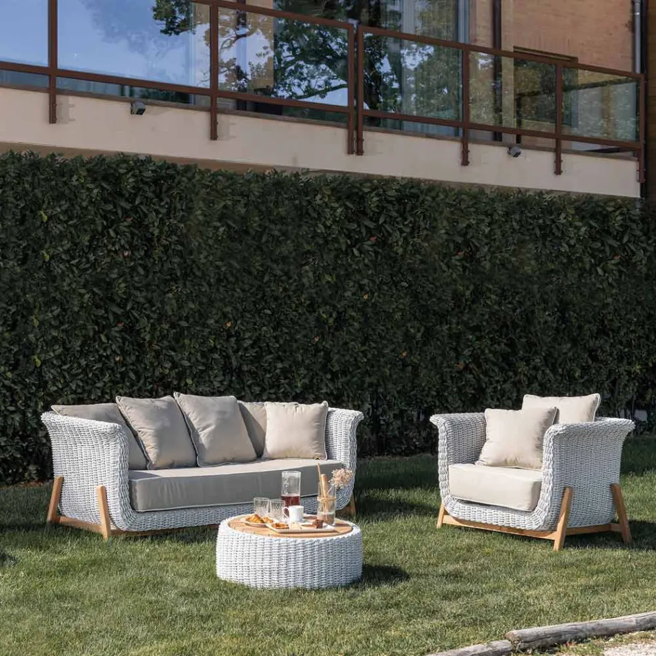 Mesa contenedor de jardín en teca y tejido de cuerda - Arjuna viadurini