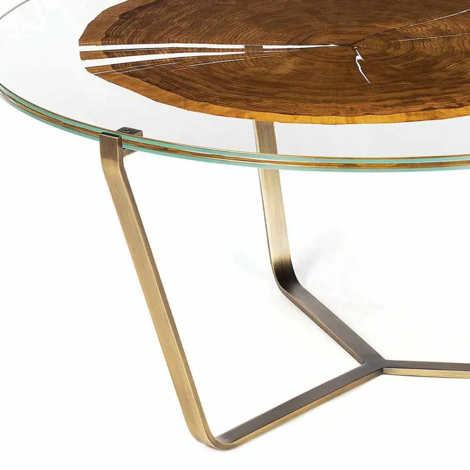 Mesa de centro con tapa redonda de vidrio y madera Made in Italy - Baviera viadurini