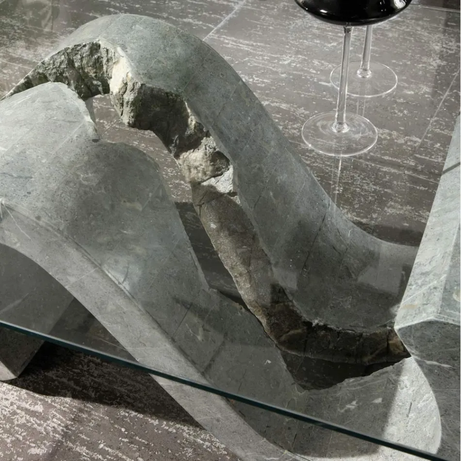 Mesa de centro de vidrio templado con base de piedra fósil - Jordan viadurini