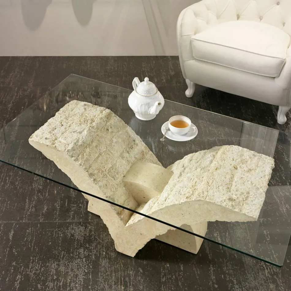 Mesa de centro rectangular con base de piedra fósil blanca - Gardenia viadurini