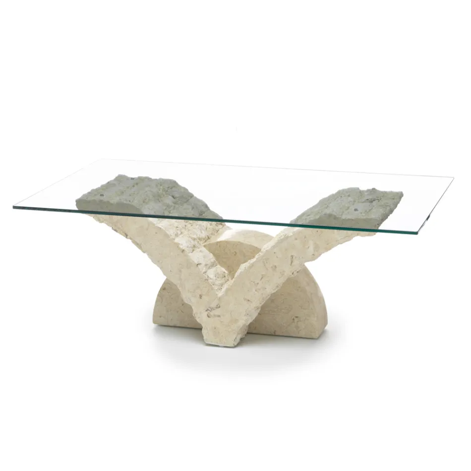 Mesa de centro rectangular con base de piedra fósil blanca - Gardenia viadurini