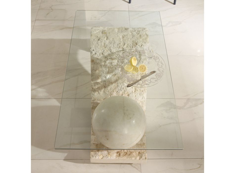 Mesa de centro para salón con tapa de cristal y base de piedra fósil - Esfera viadurini