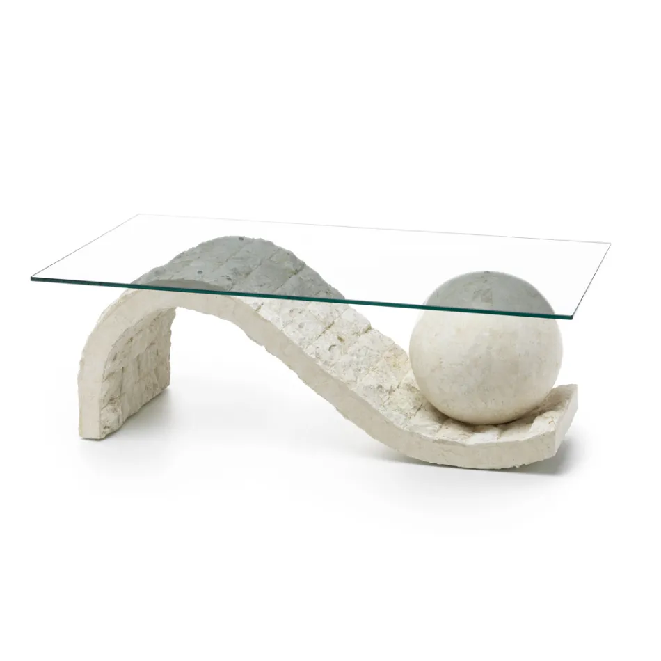 Mesa de centro para salón con tapa de cristal y base de piedra fósil - Esfera viadurini