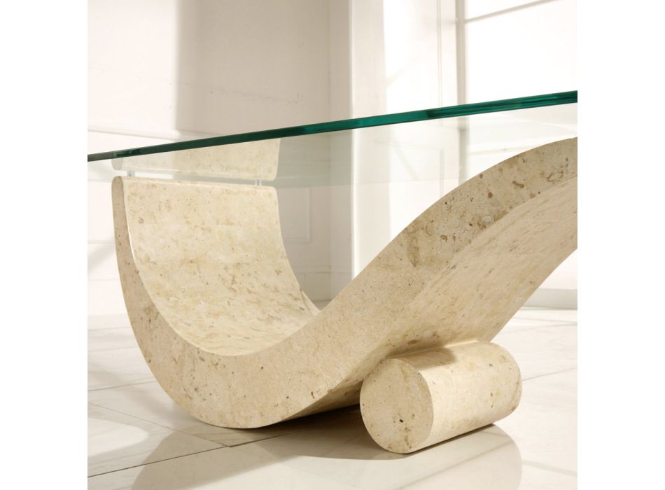 Mesa de centro de diseño moderno con tapa de cristal y base de piedra fósil - Recambio viadurini