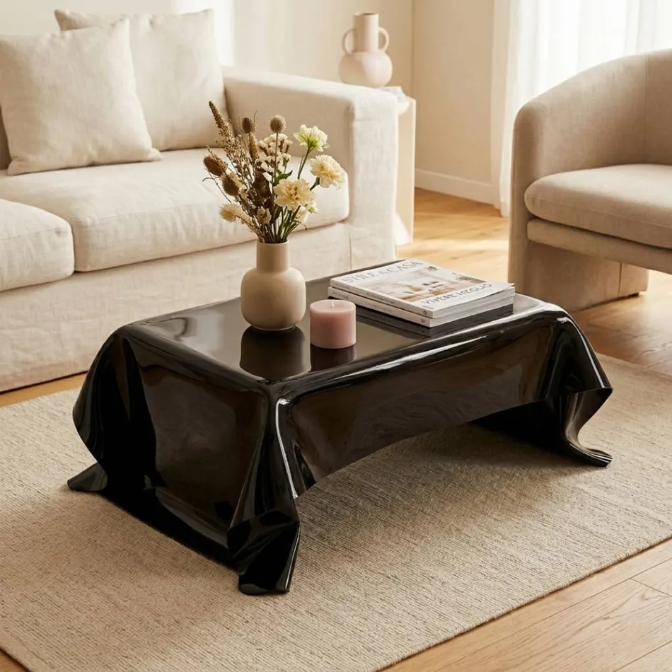 Mesa de centro de diseño Melia Black con drapeado de plexiglás, fabricada en Italia. viadurini