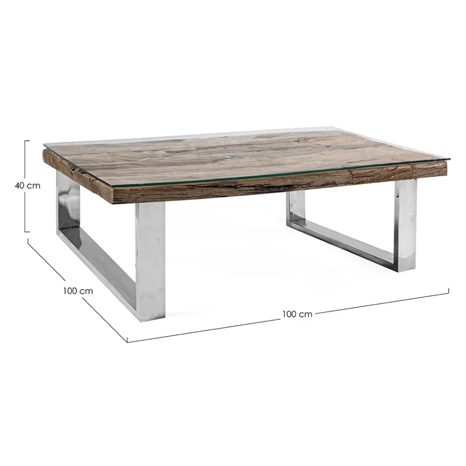 Mesa de centro en madera reciclada y patas de vidrio en acero Homemotion - Gnomea viadurini