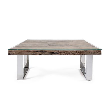 Mesa de centro en madera reciclada y patas de vidrio en acero Homemotion - Gnomea viadurini
