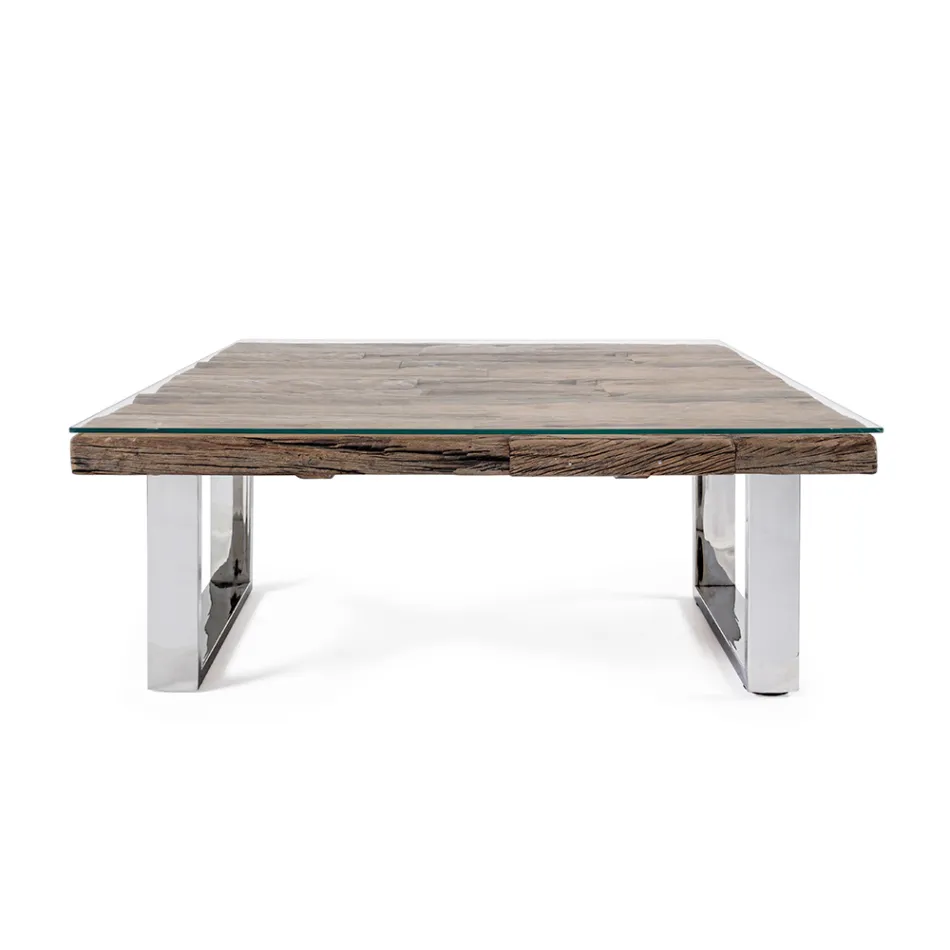 Mesa de centro en madera reciclada y patas de vidrio en acero Homemotion - Gnomea viadurini