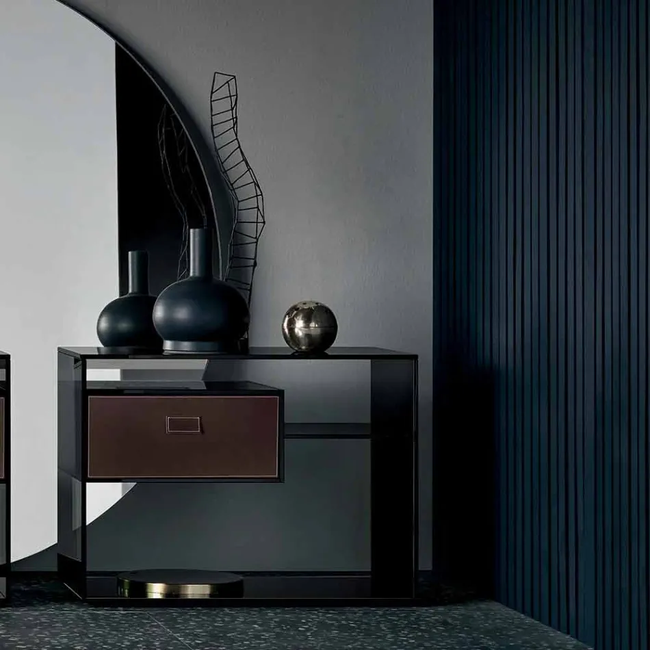 Mesa auxiliar o mesita de noche para sofá en vidrio ahumado con cajón de cuero - Linzy viadurini