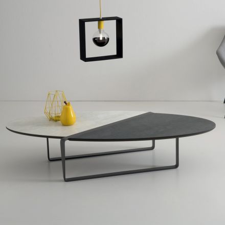 Mesa de centro ovalada de metal para sala de estar y tablero de cerámica bicolor - Comacchio viadurini