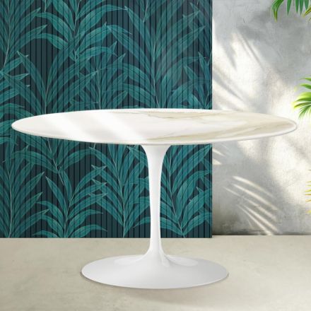 Mesa de centro ovalada Tulip de Saarinen, 41 cm de altura, en cerámica Florim Calacatta Gold brillante - Scarlet viadurini