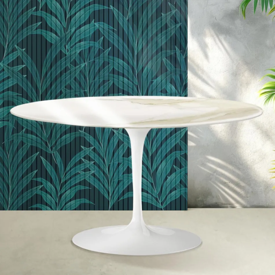 Mesa de centro ovalada Tulip de Saarinen, 41 cm de altura, en cerámica Florim Calacatta Gold brillante - Scarlet viadurini
