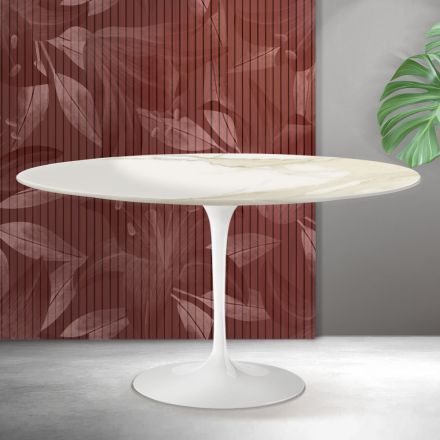 Mesa de centro ovalada Tulip de Saarinen, 41 cm de altura, en cerámica mate Florim Calacatta Gold - Scarlet viadurini