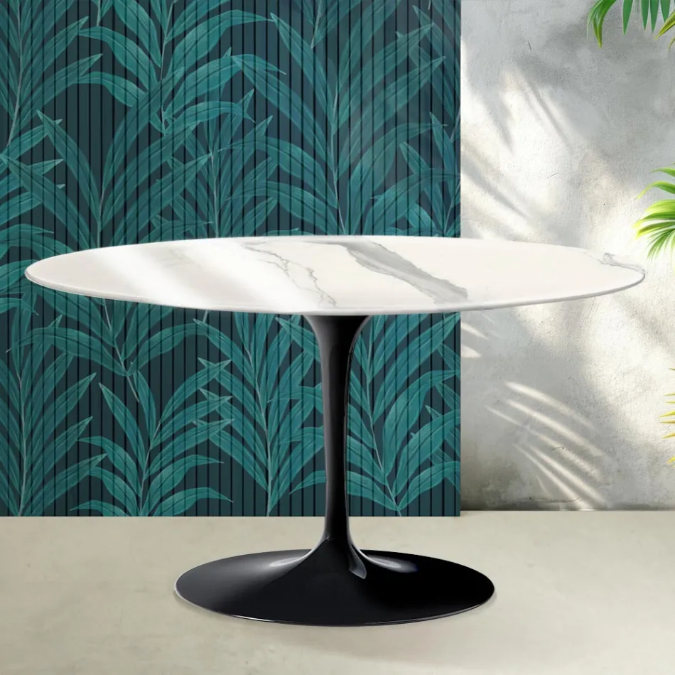 Mesa de centro ovalada Tulip de Saarinen, 41 cm de altura, en cerámica Statuario Florim brillante - Escarlata viadurini