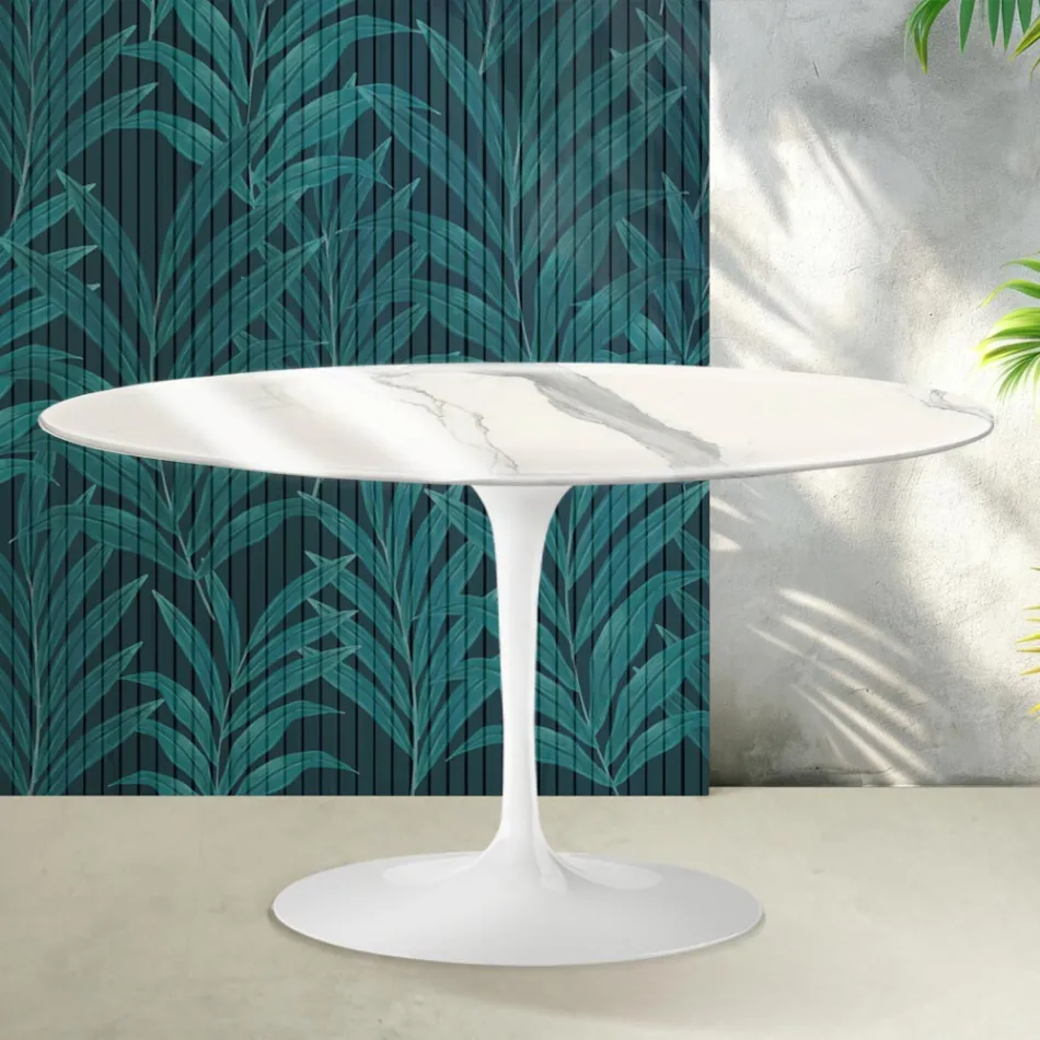 Mesa de centro ovalada Tulip de Saarinen, 41 cm de altura, en cerámica Statuario Florim brillante - Escarlata viadurini
