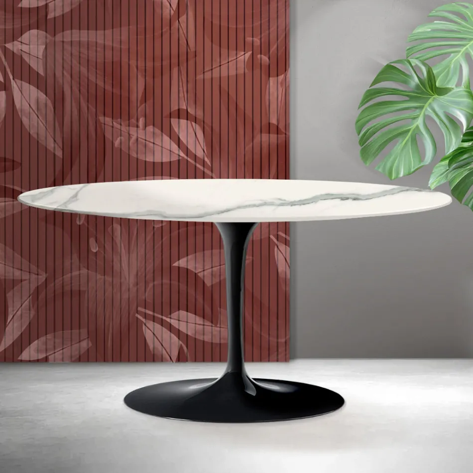 Mesa de centro ovalada Tulip de Saarinen, 41 cm de altura, en cerámica mate Florim Statuario - Escarlata viadurini