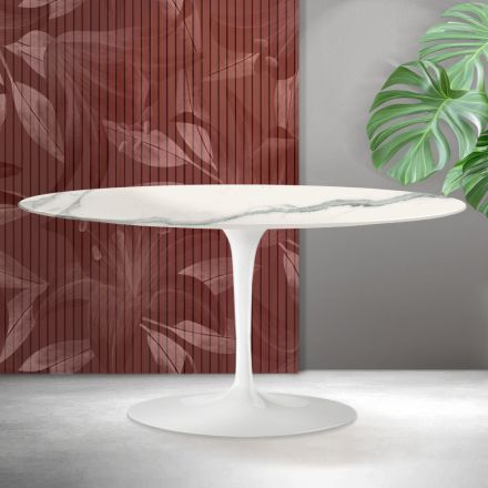 Mesa de centro ovalada Tulip de Saarinen, 41 cm de altura, en cerámica mate Florim Statuario - Escarlata viadurini