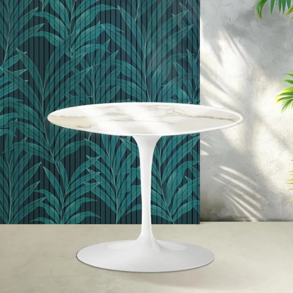 Mesa de centro redonda Tulip de Saarinen, 41 cm de altura, en cerámica Florim Calacatta Gold Gloss - Scarlet viadurini