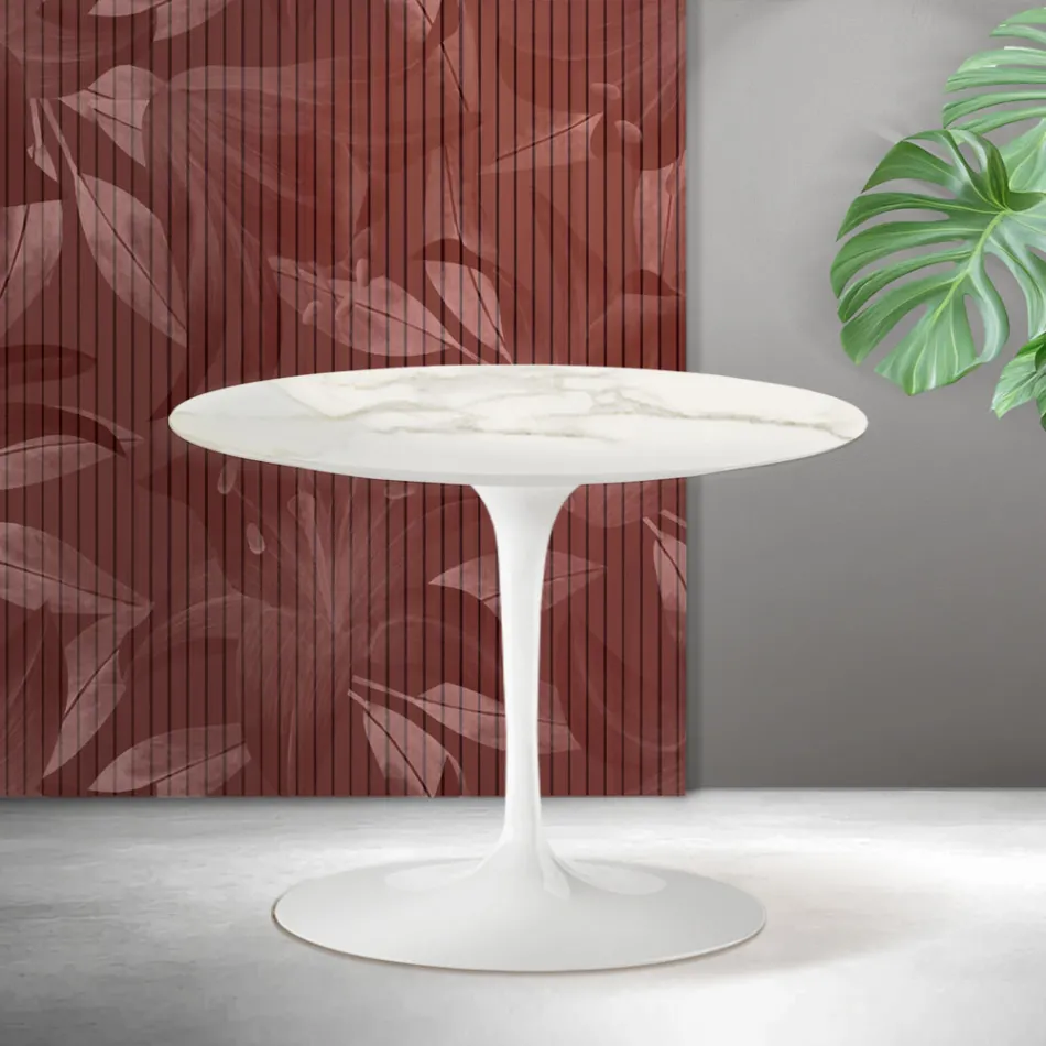 Mesa de centro redonda Tulip de Saarinen, 41 cm de altura, en cerámica mate Florim Calacatta Gold - Scarlet viadurini