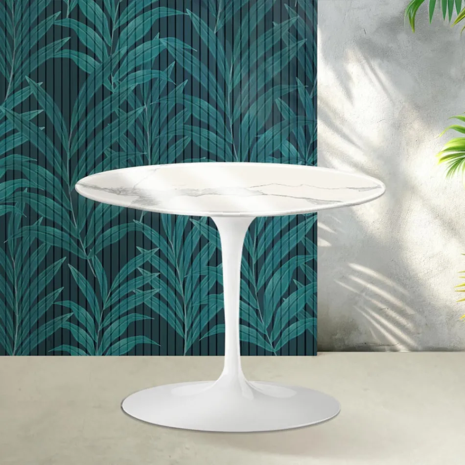 Mesa de centro redonda Tulip de Saarinen, 41 cm de altura, en cerámica Statuario Florim brillante - Escarlata viadurini