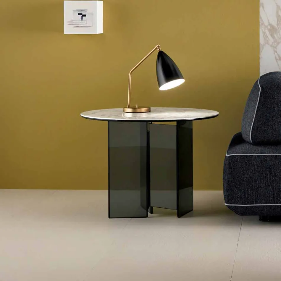 Mesa de centro auxiliar para sofá en vidrio ahumado y tapa redonda de cerámica - Aleatorio viadurini