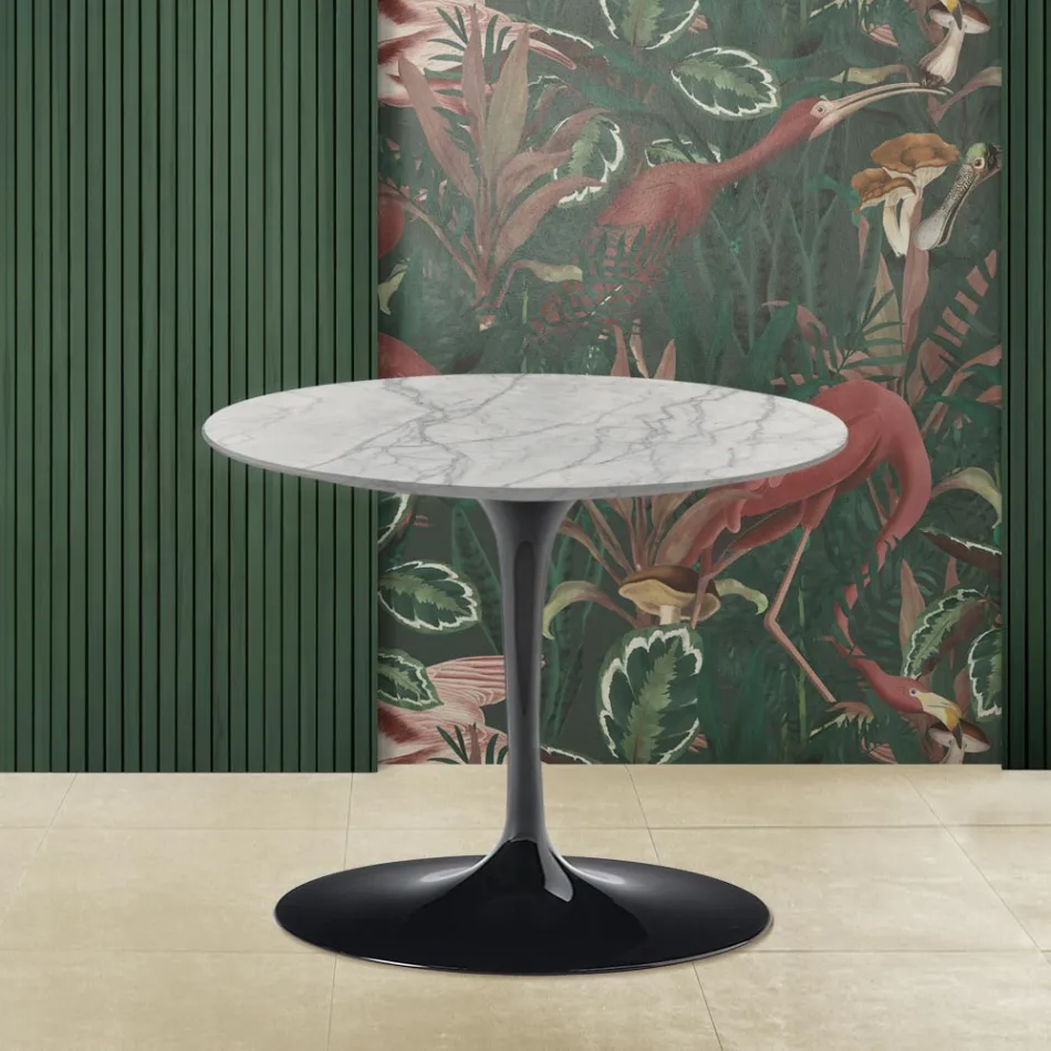 Mesita Eero Saarinen Tulip Alt. 39 con tablero de mármol Statuarietto Carrara viadurini