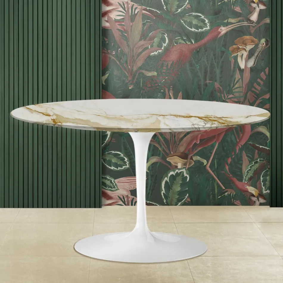 Mesita Tulip Eero Saarinen Alt. 41 Ovalada con tablero de mármol Oro Caracatta viadurini