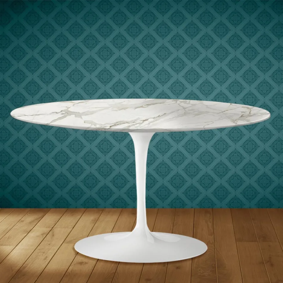 Mesa de centro Tulip de Eero Saarinen, ovalada, de 41 cm de altura, en cerámica brillante, fabricada en Italia - Scarlet viadurini