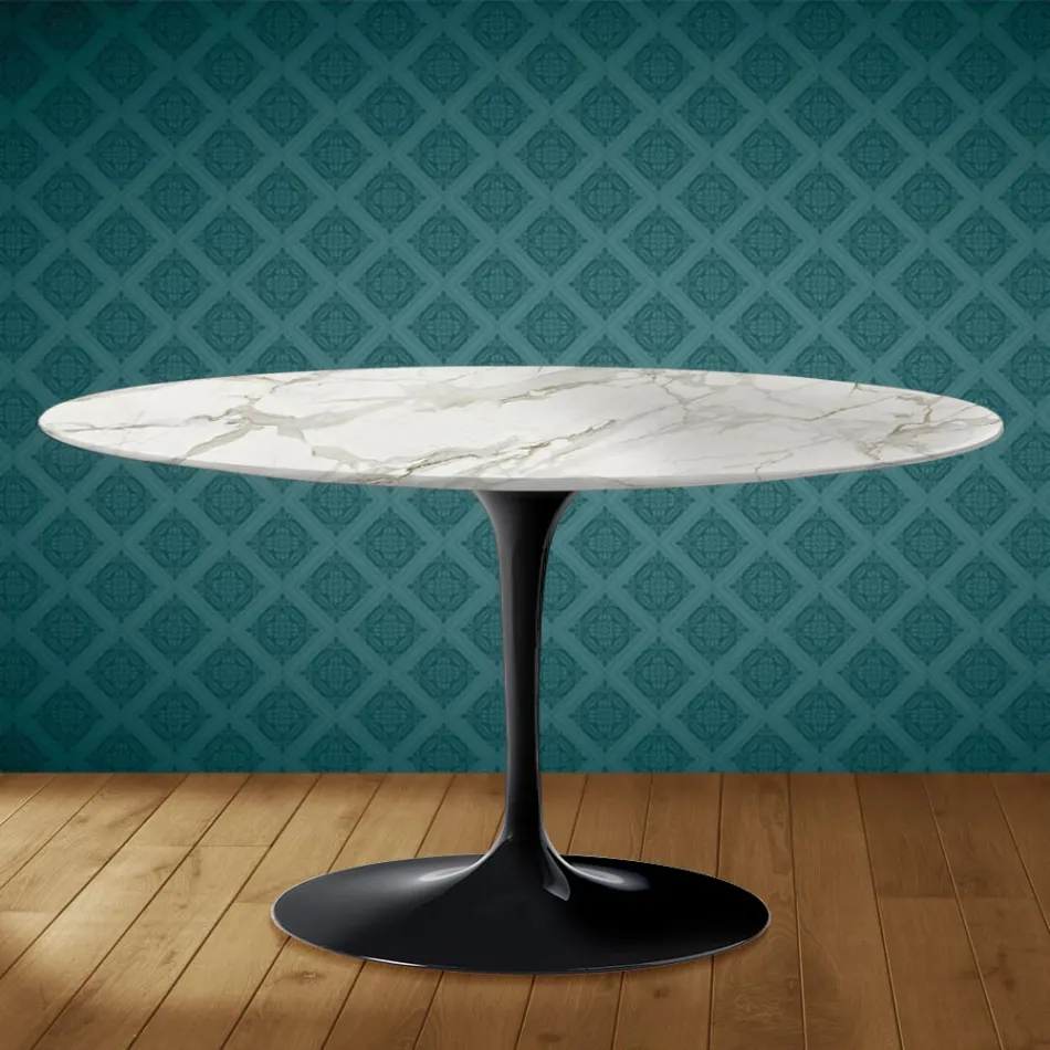 Mesa de centro Tulip de Eero Saarinen, ovalada, de 41 cm de altura, en cerámica brillante, fabricada en Italia - Scarlet viadurini