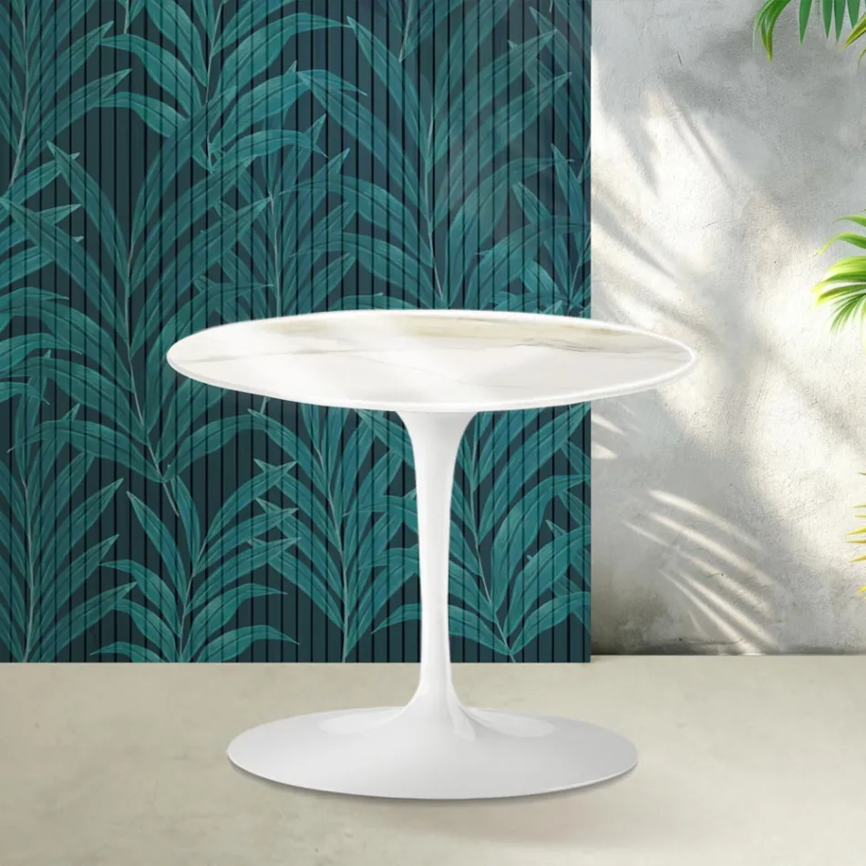Mesa de centro Tulipán de Saarinen, 39 cm de altura, en cerámica Florim Calacatta Gold brillante - Escarlata viadurini