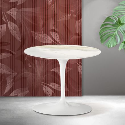 Mesa de centro Tulipán de Saarinen, 39 cm de altura, en cerámica mate Florim Calacatta Gold - Escarlata viadurini