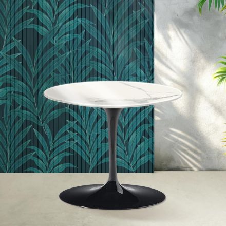Mesa de centro Tulipán de Saarinen, 39 cm de altura, en cerámica Statuario Florim brillante - Escarlata viadurini
