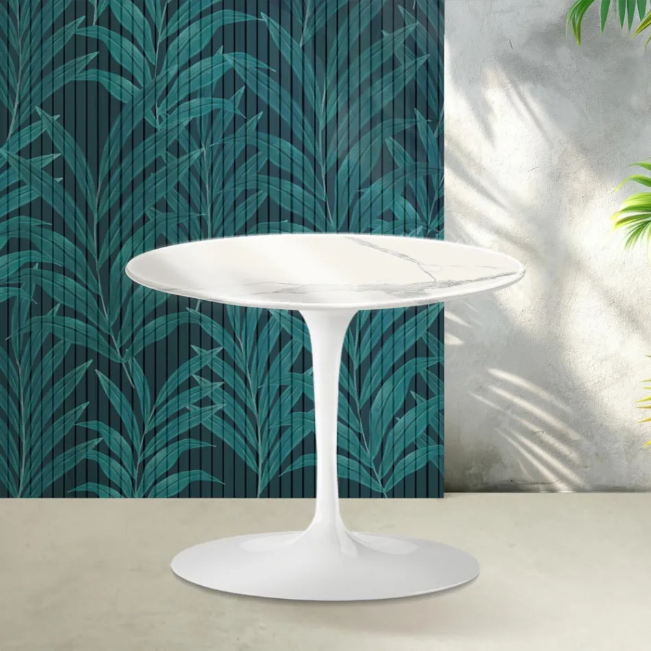 Mesa de centro Tulipán de Saarinen, 39 cm de altura, en cerámica Statuario Florim brillante - Escarlata viadurini